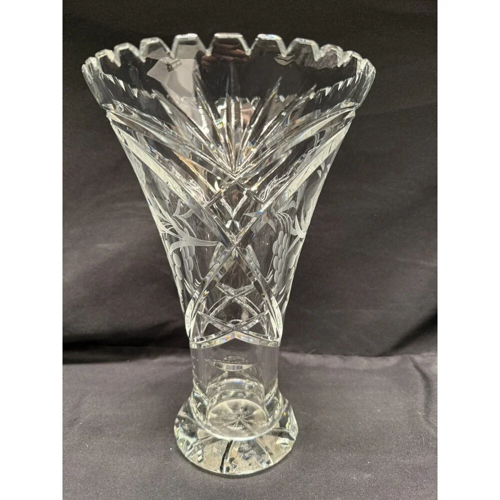 Vintage Crystal clear cut glass Vase Germany Lausitzer Glas etched grapes 10.5”
